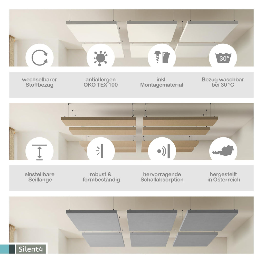 SILENT4® Schallabsorber Decke 114x72x5cm Akustikbild Akustikpaneele aus Akustikvlies, Seilmontage, messbar verbesserte Raumakustik durch Akustikplatten mit waschbarem Stoffbezug in Grün