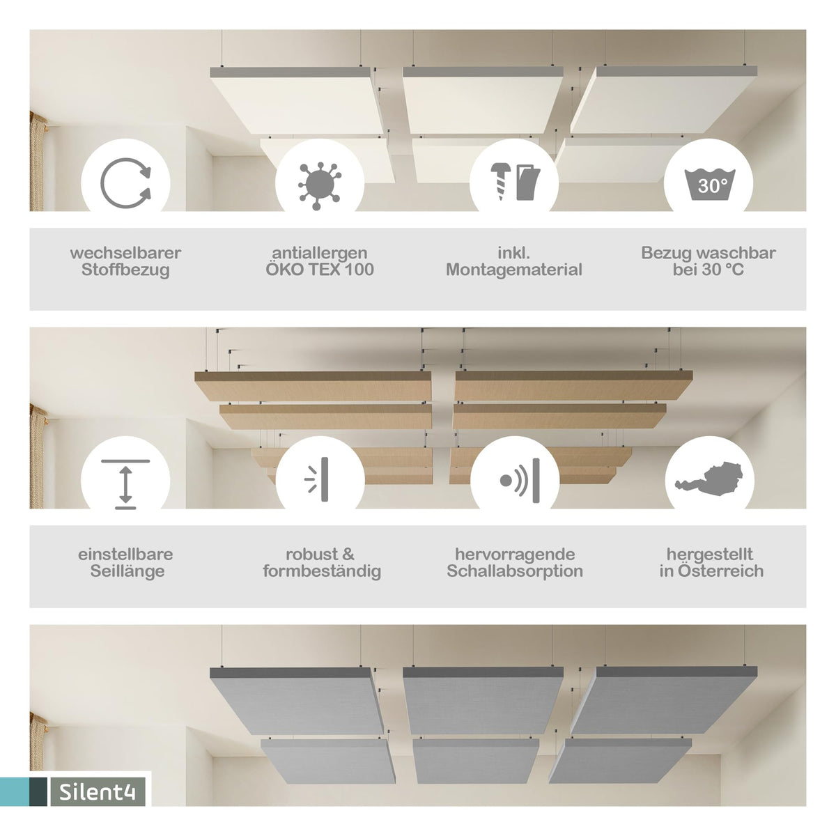 SILENT4® Schallabsorber Decke 114x72x5cm Akustikbild Akustikpaneele aus Akustikvlies, Seilmontage, messbar verbesserte Raumakustik durch Akustikplatten mit waschbarem Stoffbezug in Grün