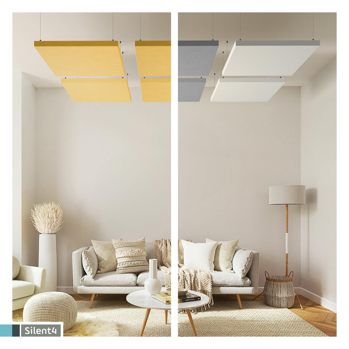 SILENT4® Schallabsorber Decke 114x72x5cm Akustikbild Akustikpaneele aus Akustikvlies, Seilmontage, messbar verbesserte Raumakustik durch Akustikplatten mit waschbarem Stoffbezug in Grün