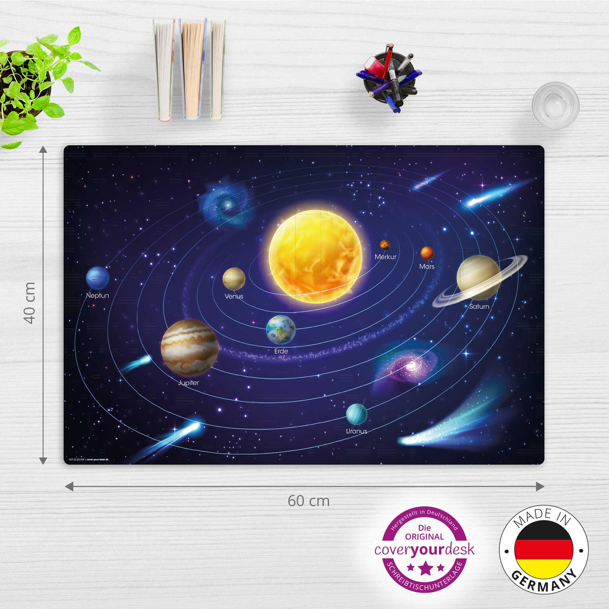 Die Original Schreibtischunterlage für Kinder – “Weltall Planeten im Sonnensystem“ – aus Premium Vinyl für ein ergonomisches Schreibgefühl – 60 x 40 cm – rutschfest und abwaschbar – Made in Germany