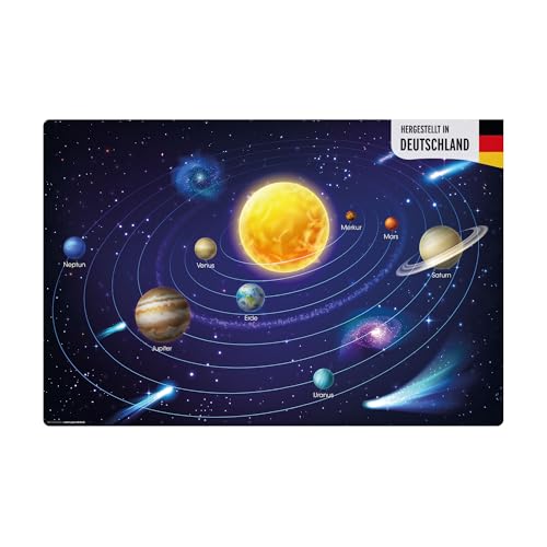 Die Original Schreibtischunterlage für Kinder – “Weltall Planeten im Sonnensystem“ – aus Premium Vinyl für ein ergonomisches Schreibgefühl – 60 x 40 cm – rutschfest und abwaschbar – Made in Germany