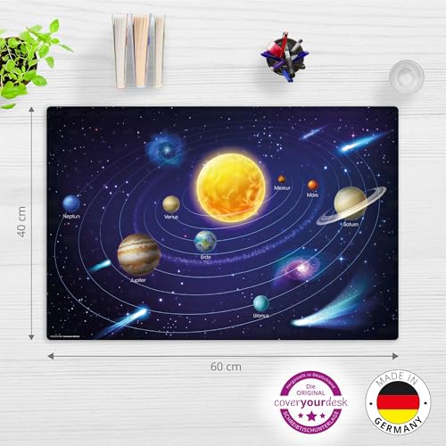 Die Original Schreibtischunterlage für Kinder – “Weltall Planeten im Sonnensystem“ – aus Premium Vinyl für ein ergonomisches Schreibgefühl – 60 x 40 cm – rutschfest und abwaschbar – Made in Germany