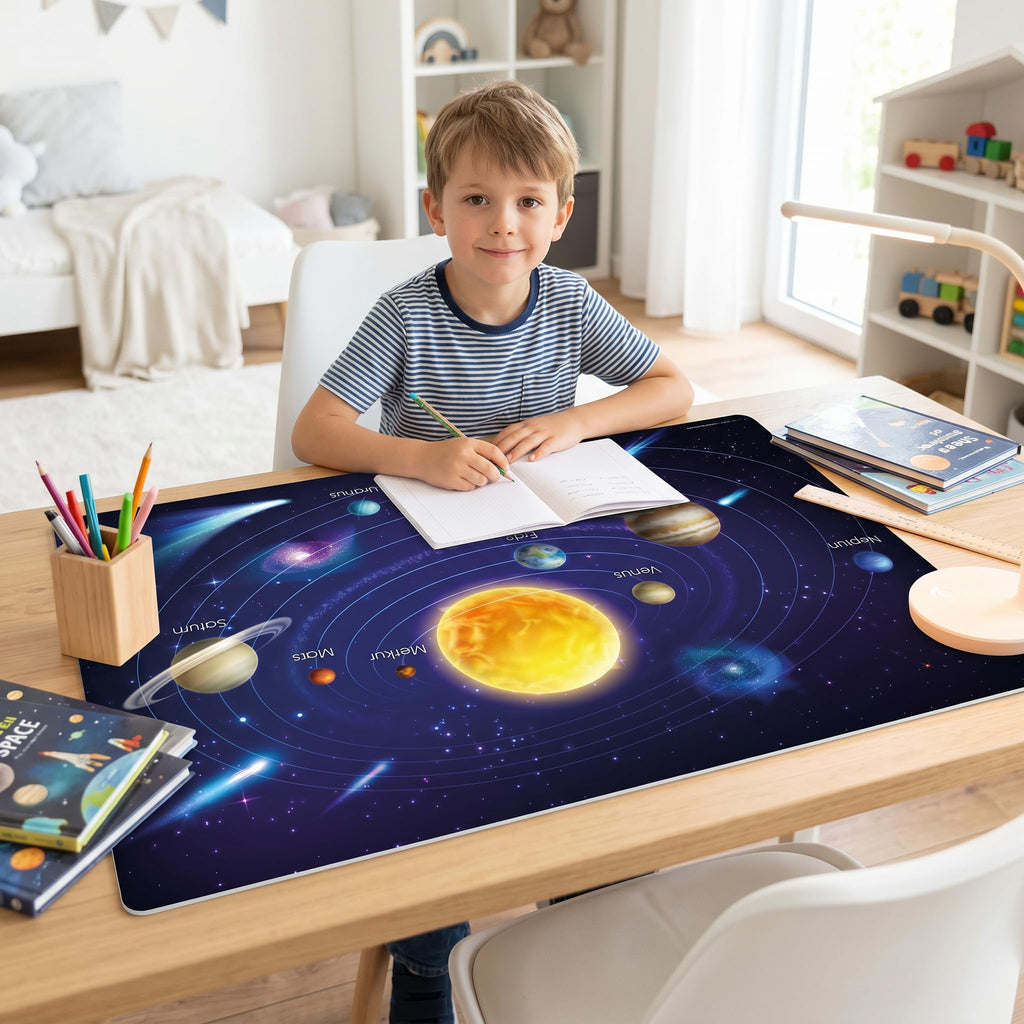 Die Original Schreibtischunterlage für Kinder – “Weltall Planeten im Sonnensystem“ – aus Premium Vinyl für ein ergonomisches Schreibgefühl – 60 x 40 cm – rutschfest und abwaschbar – Made in Germany