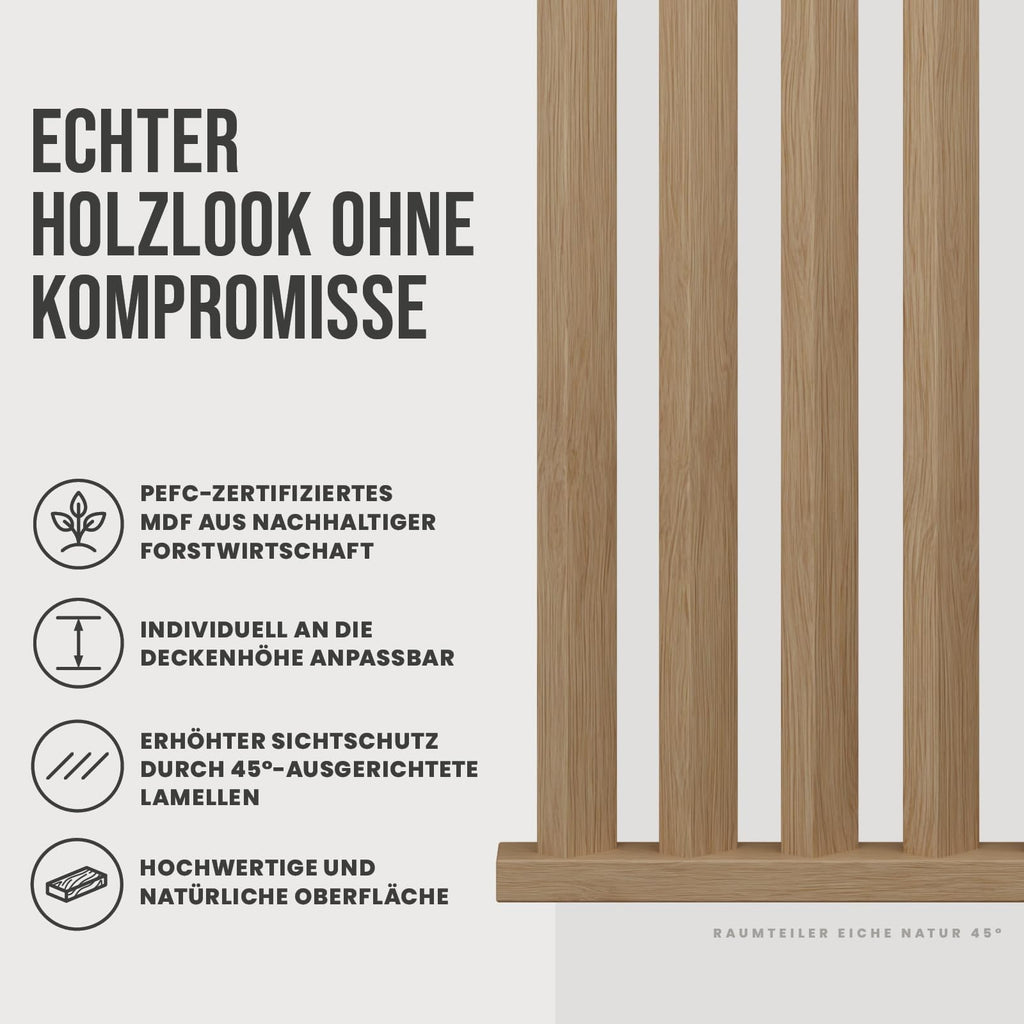 KGM Raumteiler Lamellen Wand Eiche Natur 45° - Komplett-Set 100 x 270 cm