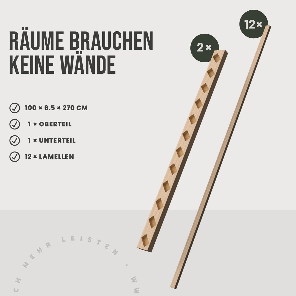 KGM Raumteiler Lamellen Wand Eiche Natur 45° - Komplett-Set 100 x 270 cm
