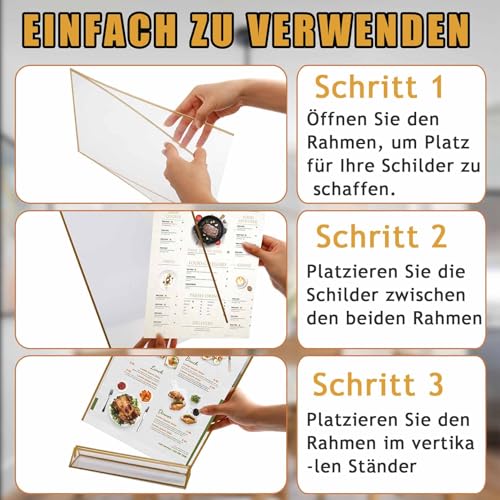 4 Stück Acryl Schilderhalter Mit Goldrand, Tischaufsteller A4