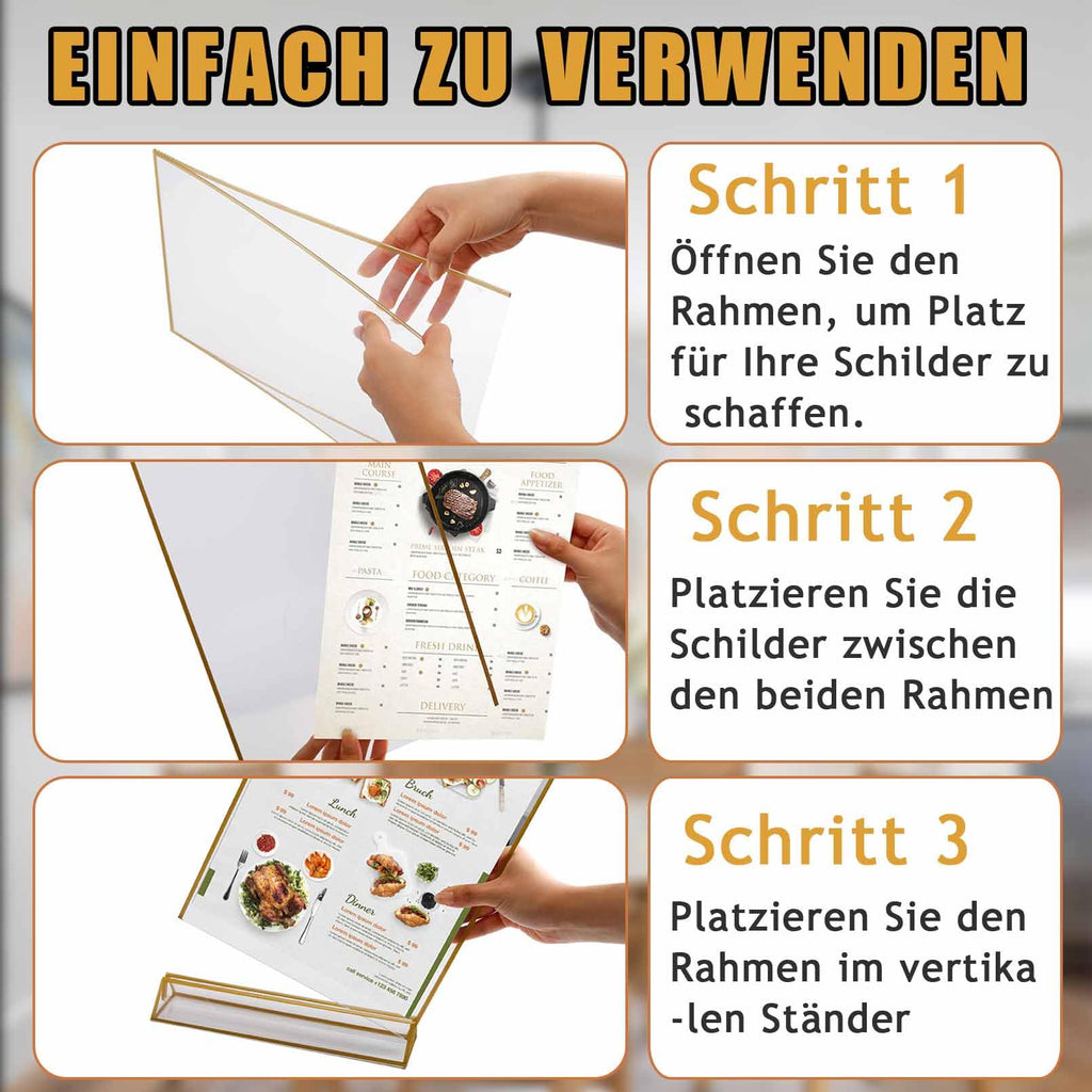 4 Stück Acryl Schilderhalter Mit Goldrand, Tischaufsteller A4