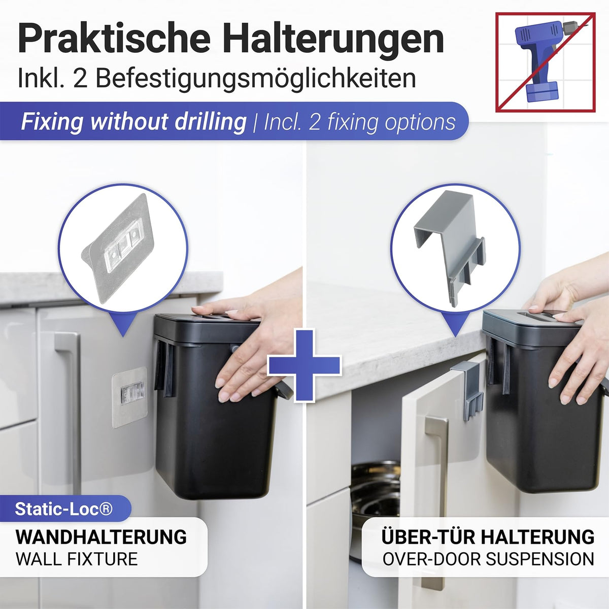 WENKO Abfallsammler mit Griff Tago, Abfalleimer mit 5 Liter Volumen, kompakter Mülleimer in Schwarz zur Befestigung ohne bohren, inkl. Über-Tür Static-Loc Befestigungsmöglichkeit, 21x24x17 cm
