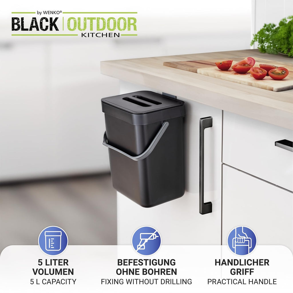 WENKO Abfallsammler mit Griff Tago, Abfalleimer mit 5 Liter Volumen, kompakter Mülleimer in Schwarz zur Befestigung ohne bohren, inkl. Über-Tür Static-Loc Befestigungsmöglichkeit, 21x24x17 cm