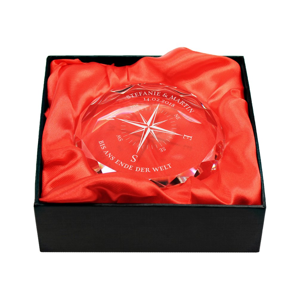 Gravado Briefbeschwerer aus Glas mit Personalisierter Kompass Gravur, Namen und Datum, Geschenkidee für Liebespaare