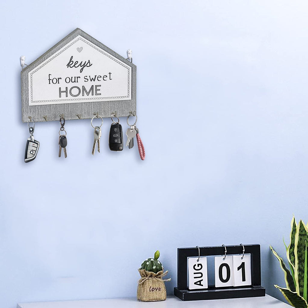 Echehi Schlüsselhalter aus Holz mit 7 Haken, Selbstklebend oder bohrbar, 2-Wege-Installation, Schlüsselbrett, Schlüsselbretter für Zuhause (Grau)