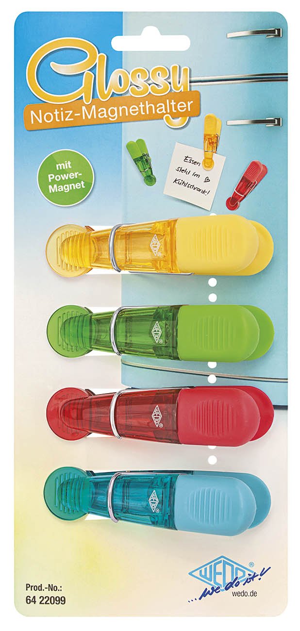 Wedo 6422099 Notiz Magnetklammern (Glossy, aus Kunststoff, geriffelte Griffflächen) 4 Stück, farbig sortiert