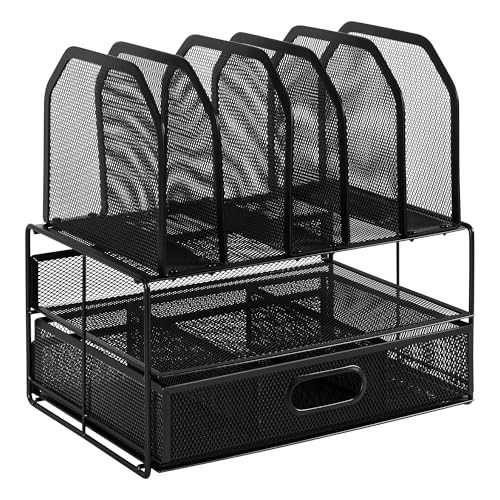 Amazon Basics Schreibtisch-Organizer aus Metallgeflecht, mit Schublade, doppelter Ablage und 5 senkrechten Bereichen, schwarz