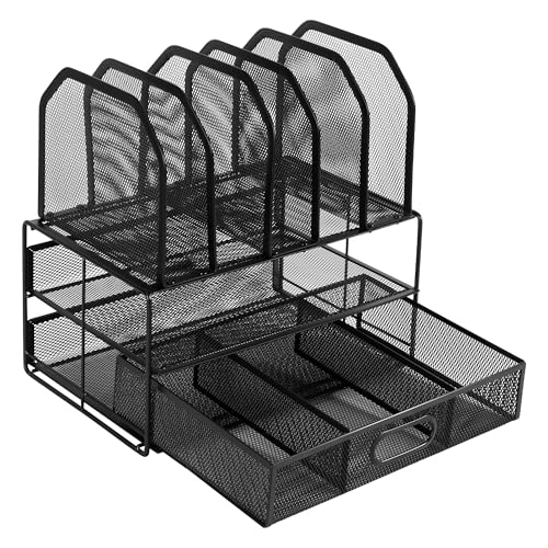 Amazon Basics Schreibtisch-Organizer aus Metallgeflecht, mit Schublade, doppelter Ablage und 5 senkrechten Bereichen, schwarz