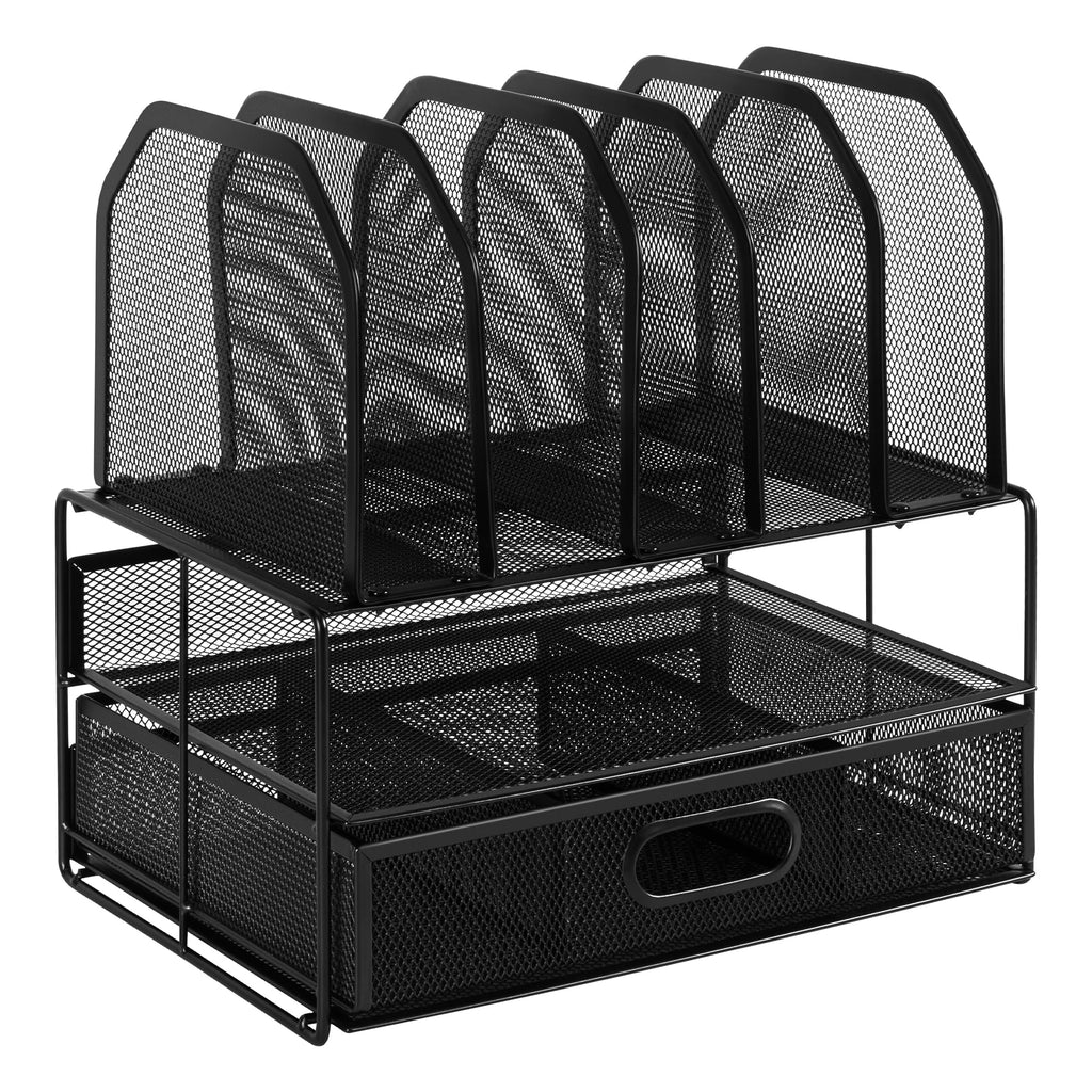 Amazon Basics Schreibtisch-Organizer aus Metallgeflecht, mit Schublade, doppelter Ablage und 5 senkrechten Bereichen, schwarz