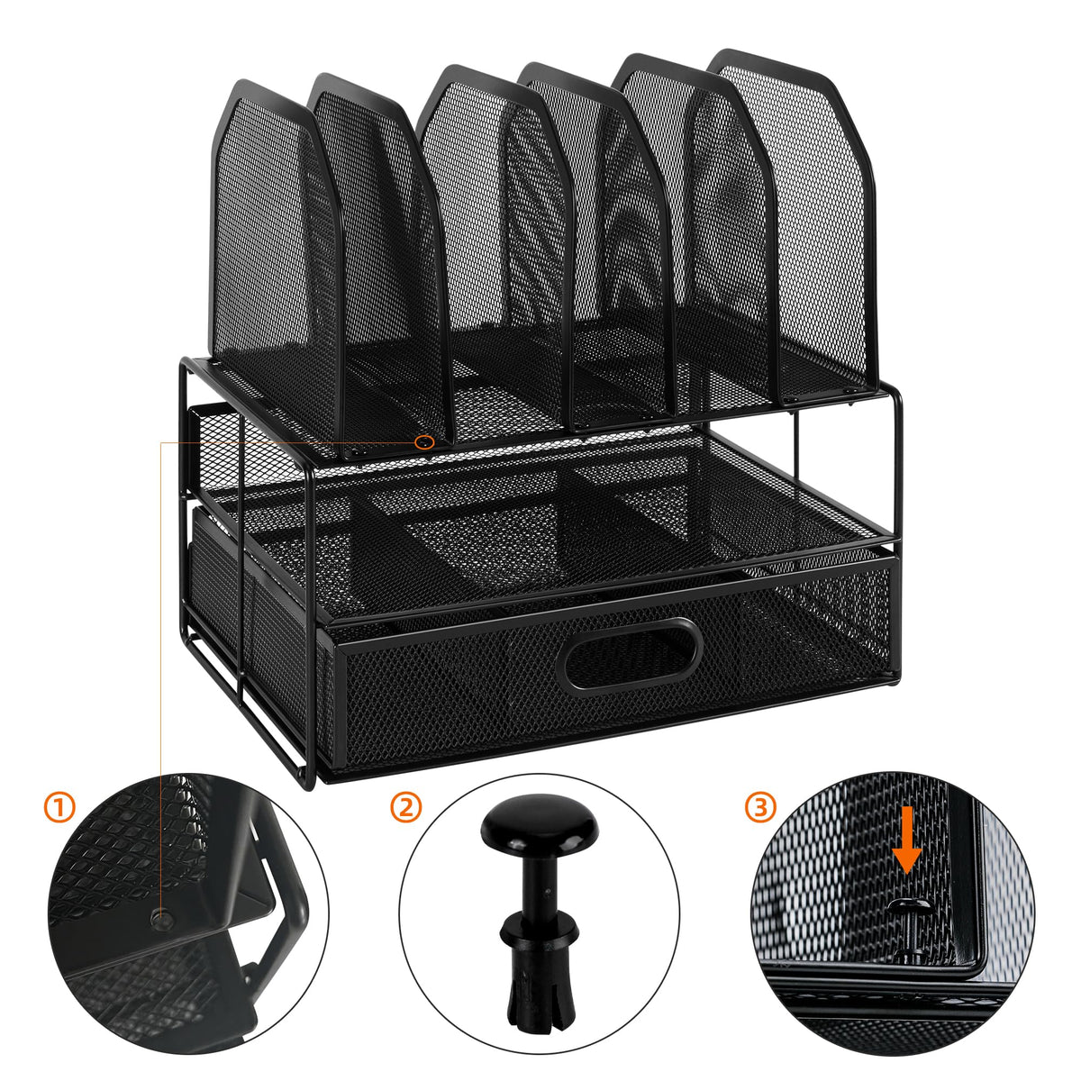 Amazon Basics Schreibtisch-Organizer aus Metallgeflecht, mit Schublade, doppelter Ablage und 5 senkrechten Bereichen, schwarz