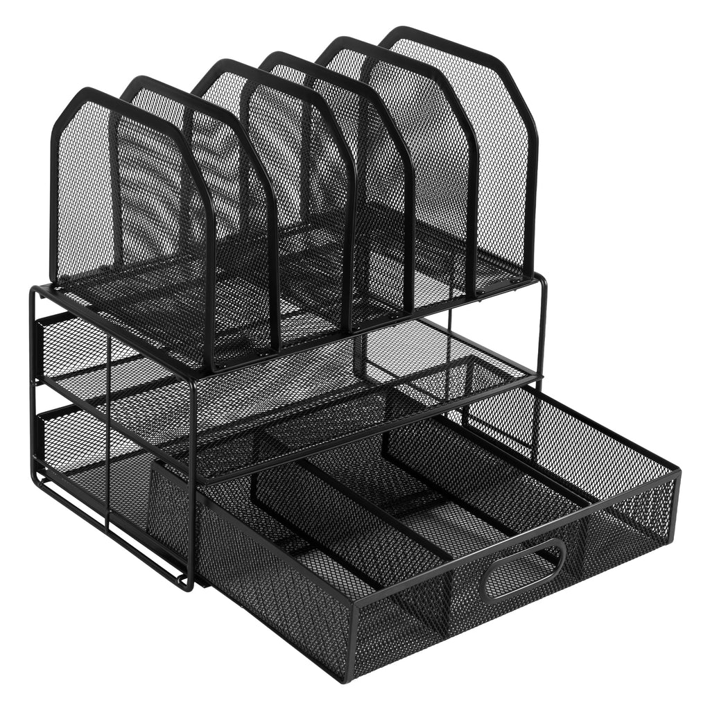 Amazon Basics Schreibtisch-Organizer aus Metallgeflecht, mit Schublade, doppelter Ablage und 5 senkrechten Bereichen, schwarz