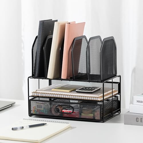 Amazon Basics Schreibtisch-Organizer aus Metallgeflecht, mit Schublade, doppelter Ablage und 5 senkrechten Bereichen, schwarz