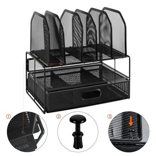Amazon Basics Schreibtisch-Organizer aus Metallgeflecht, mit Schublade, doppelter Ablage und 5 senkrechten Bereichen, schwarz
