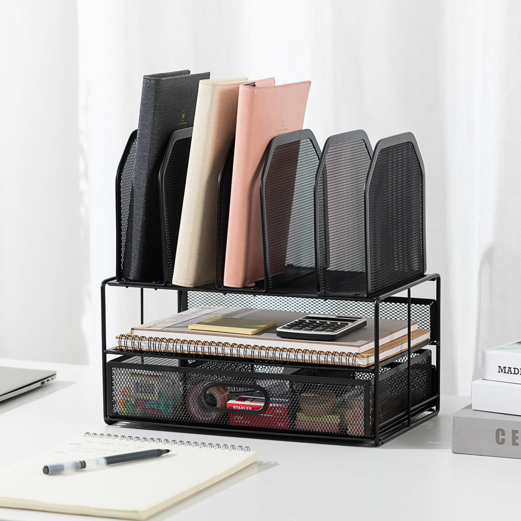 Amazon Basics Schreibtisch-Organizer aus Metallgeflecht, mit Schublade, doppelter Ablage und 5 senkrechten Bereichen, schwarz