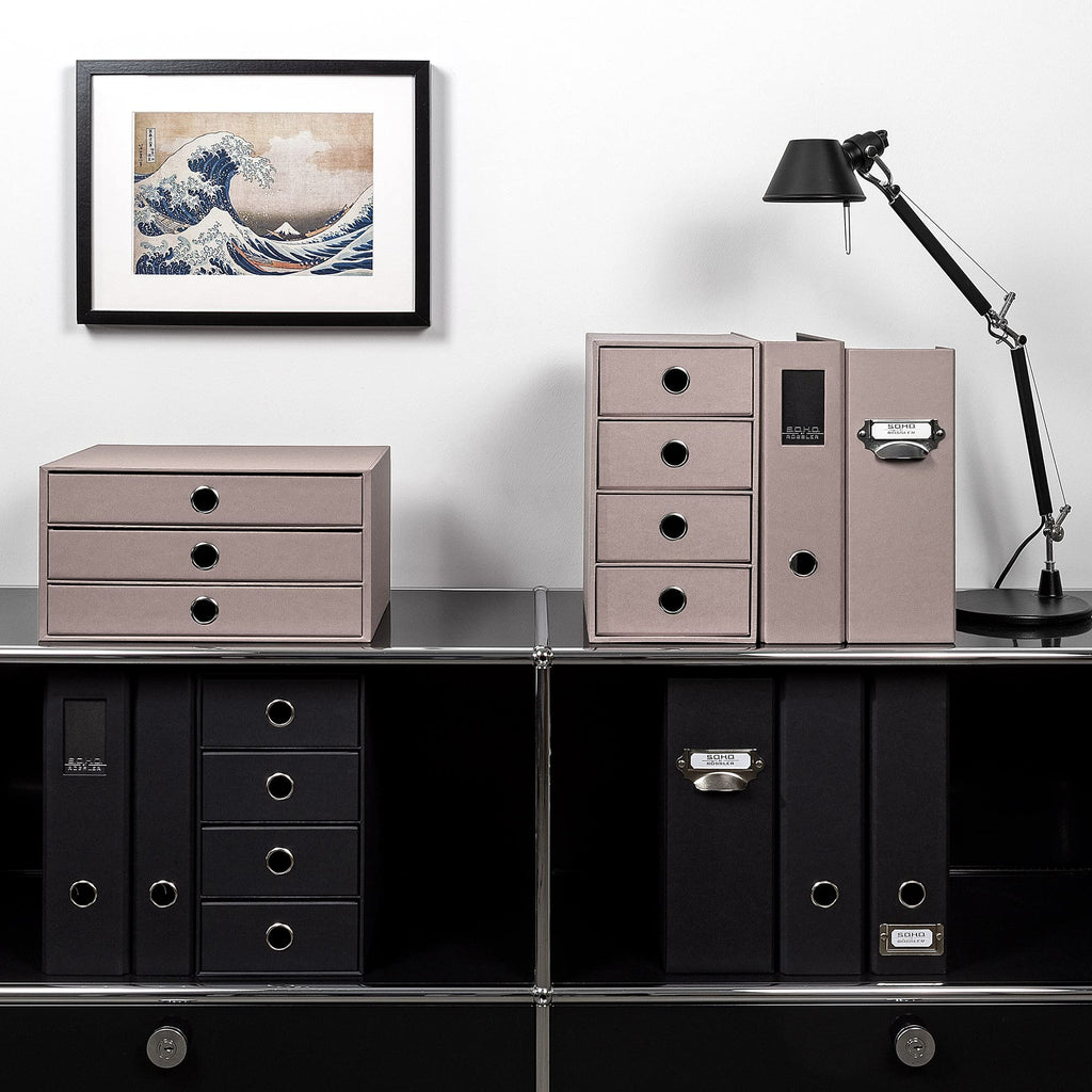 Rössler SOHO 3er Schubladenbox A4 aus Papier | Büro Organizer Schreibtisch| Schubladen Organizer Büro Zubehör & Bürobedarf | Schreibtisch Organizer Box | 34 x 25 x 19 cm | 1 Stück | Farbe: Taupe