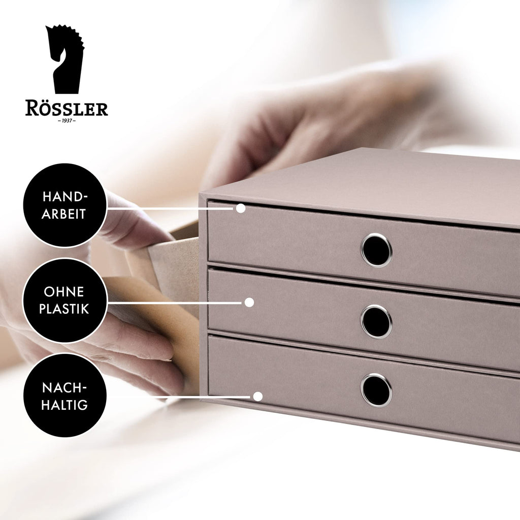 Rössler SOHO 3er Schubladenbox A4 aus Papier | Büro Organizer Schreibtisch| Schubladen Organizer Büro Zubehör & Bürobedarf | Schreibtisch Organizer Box | 34 x 25 x 19 cm | 1 Stück | Farbe: Taupe