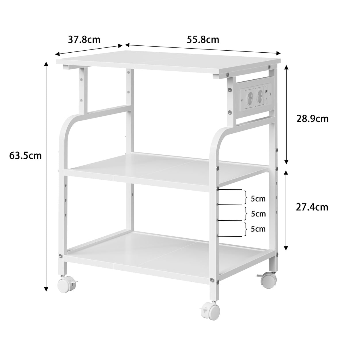 3-stufiger rollbarer Druckertisch mit Steckdosen, Weiß