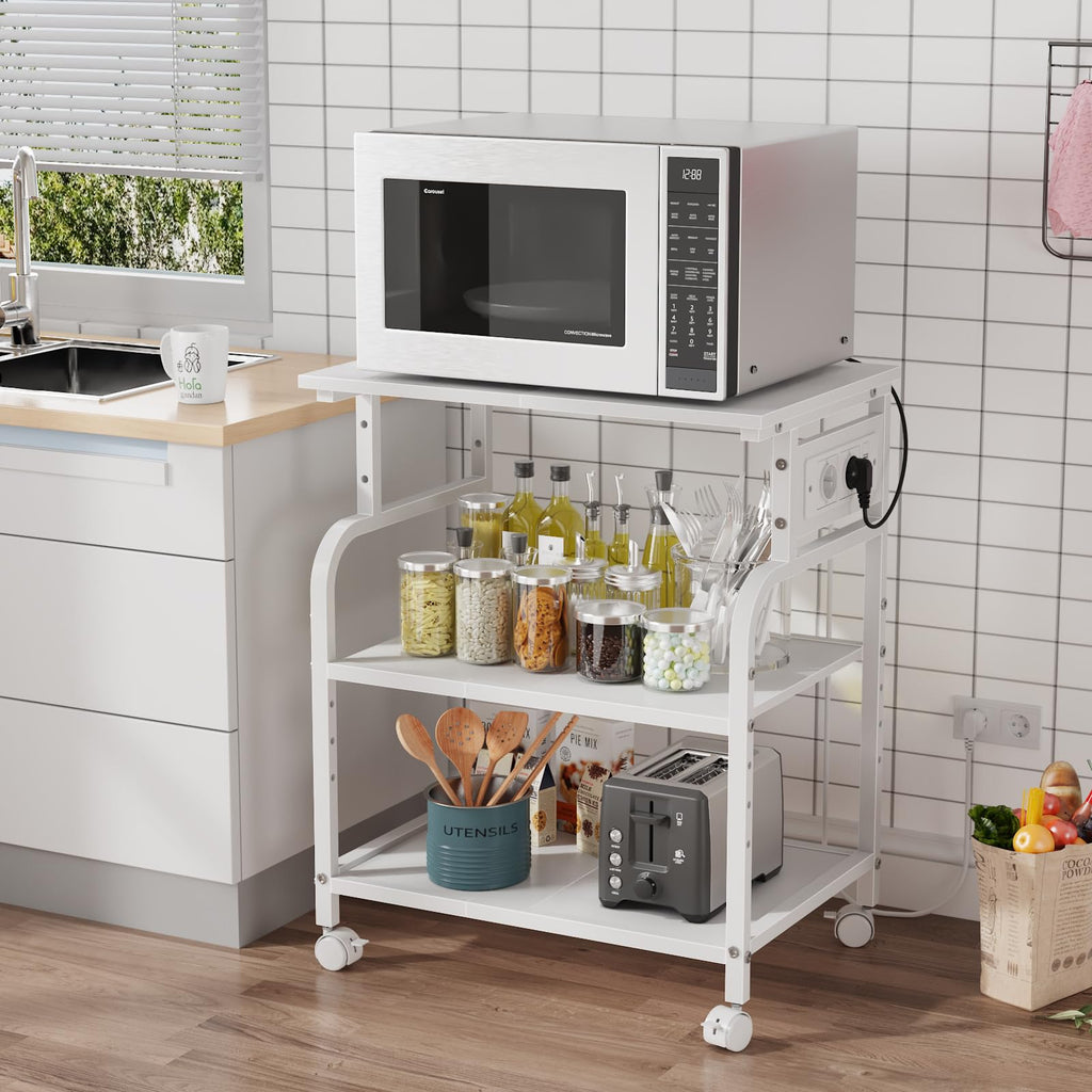 3-stufiger rollbarer Druckertisch mit Steckdosen, Weiß