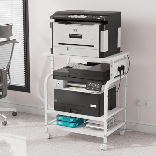 3-stufiger rollbarer Druckertisch mit Steckdosen, Weiß