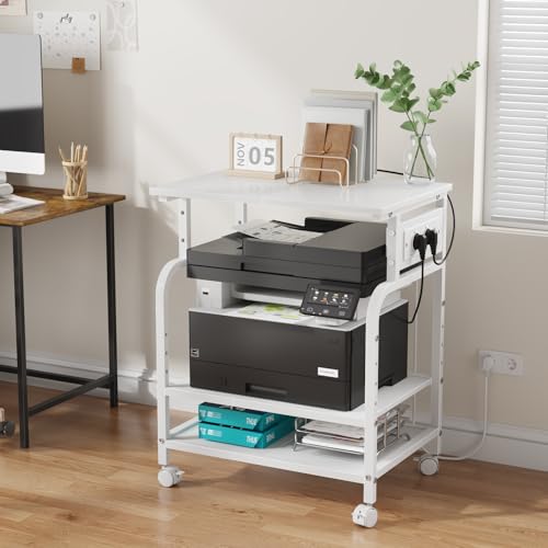 3-stufiger rollbarer Druckertisch mit Steckdosen, Weiß