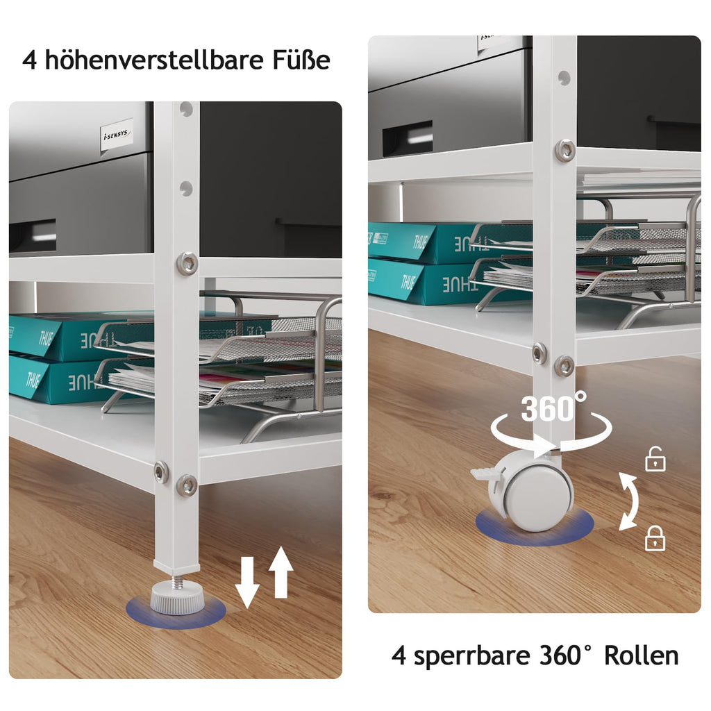 3-stufiger rollbarer Druckertisch mit Steckdosen, Weiß
