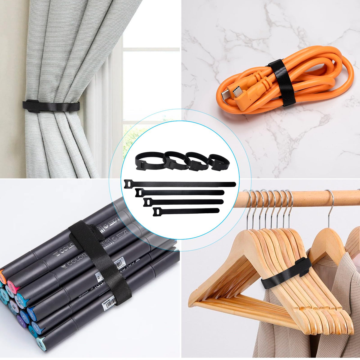 Klettband Kabelbinder Klett Schwarz 100 Stück 150/180/200/250mm, zone Kabel Klettband Wiederverschließbar Klett Kabelbinder Klettverschluss für Home Office Büro und Gartena(4 Größen Schwarz)