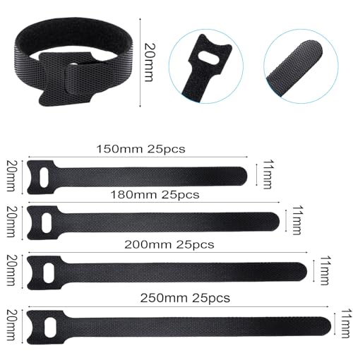 Klettband Kabelbinder Klett Schwarz 100 Stück 150/180/200/250mm, zone Kabel Klettband Wiederverschließbar Klett Kabelbinder Klettverschluss für Home Office Büro und Gartena(4 Größen Schwarz)