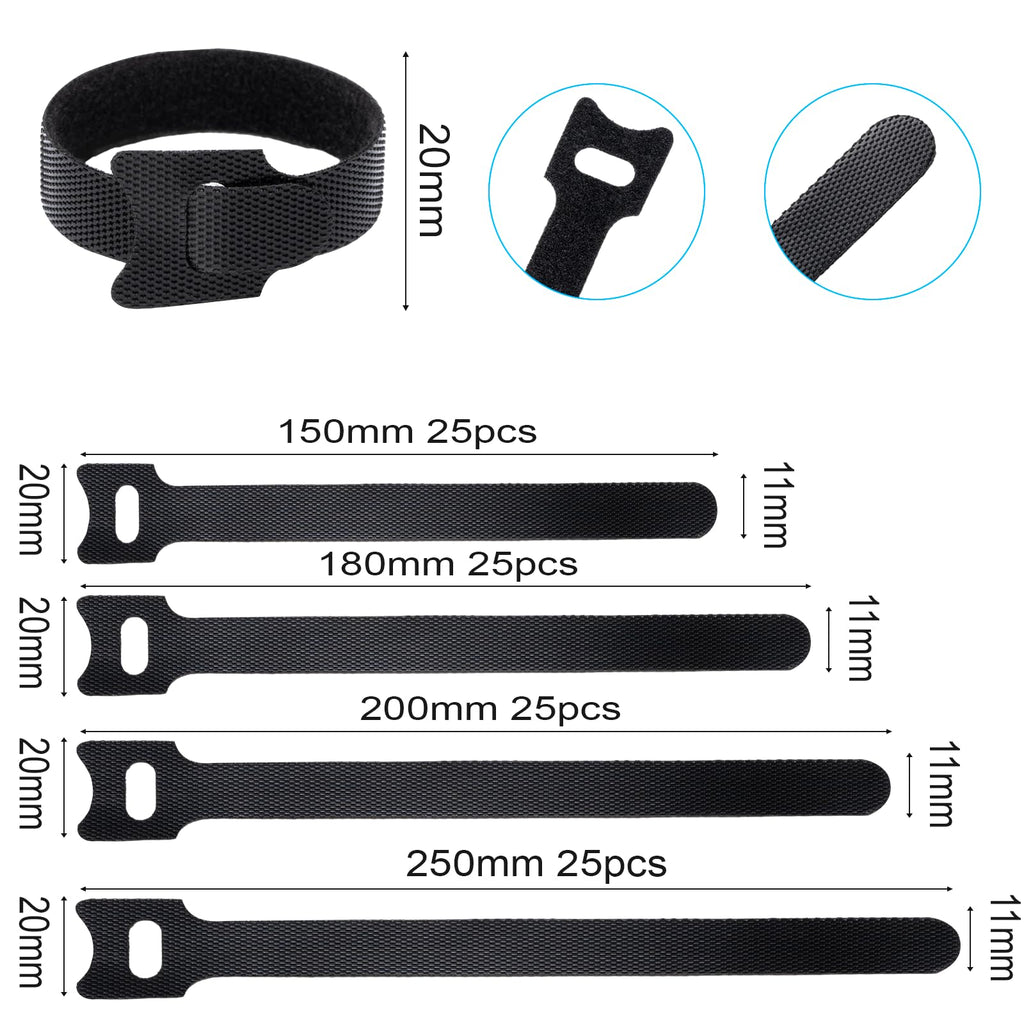 Klettband Kabelbinder Klett Schwarz 100 Stück 150/180/200/250mm, zone Kabel Klettband Wiederverschließbar Klett Kabelbinder Klettverschluss für Home Office Büro und Gartena(4 Größen Schwarz)