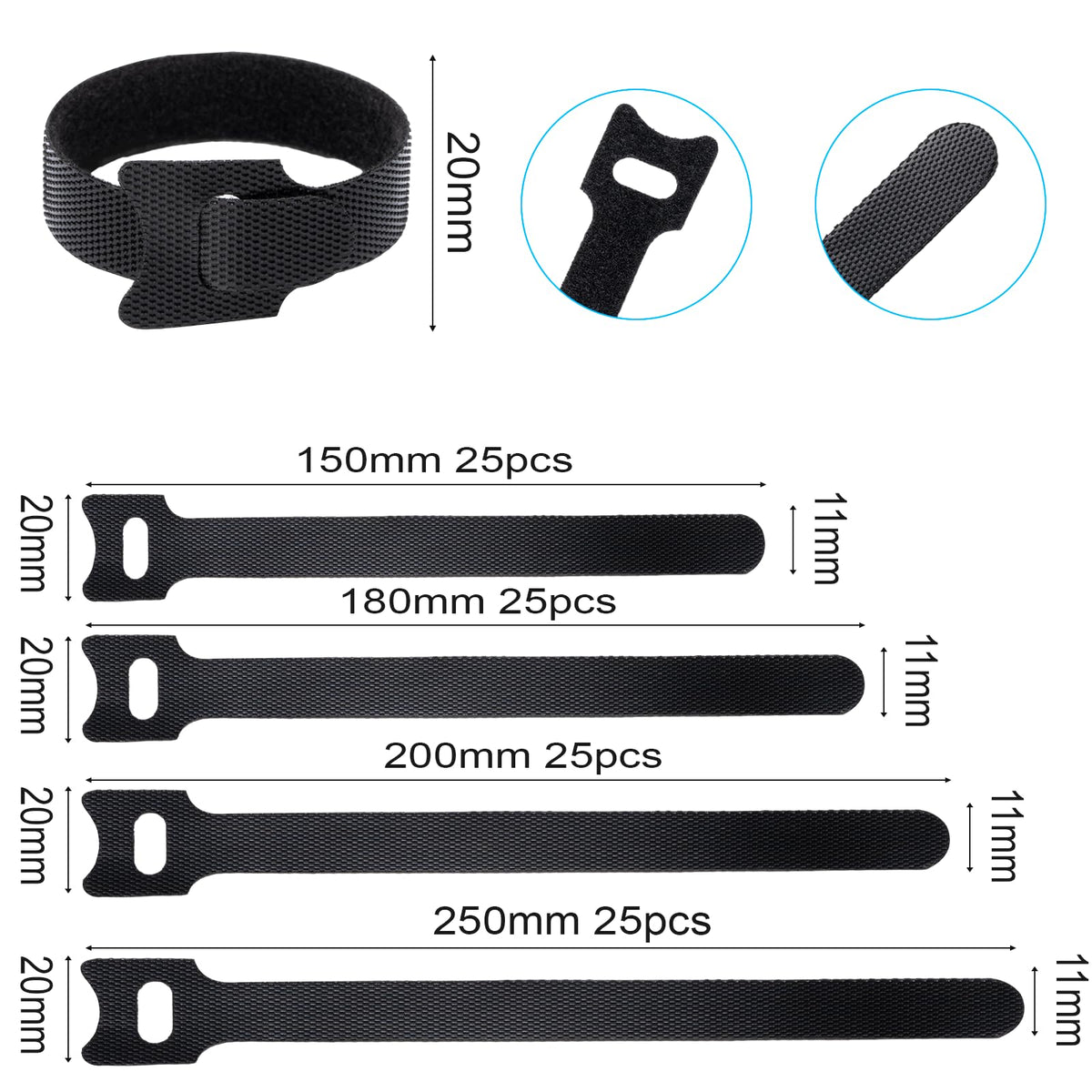 Klettband Kabelbinder Klett Schwarz 100 Stück 150/180/200/250mm, zone Kabel Klettband Wiederverschließbar Klett Kabelbinder Klettverschluss für Home Office Büro und Gartena(4 Größen Schwarz)