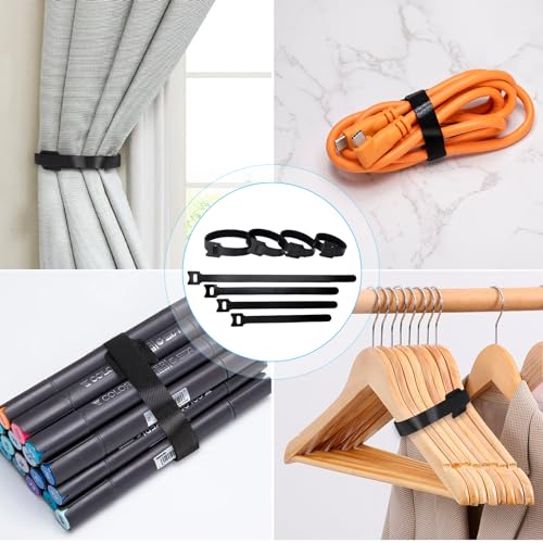 Klettband Kabelbinder Klett Schwarz 100 Stück 150/180/200/250mm, zone Kabel Klettband Wiederverschließbar Klett Kabelbinder Klettverschluss für Home Office Büro und Gartena(4 Größen Schwarz)