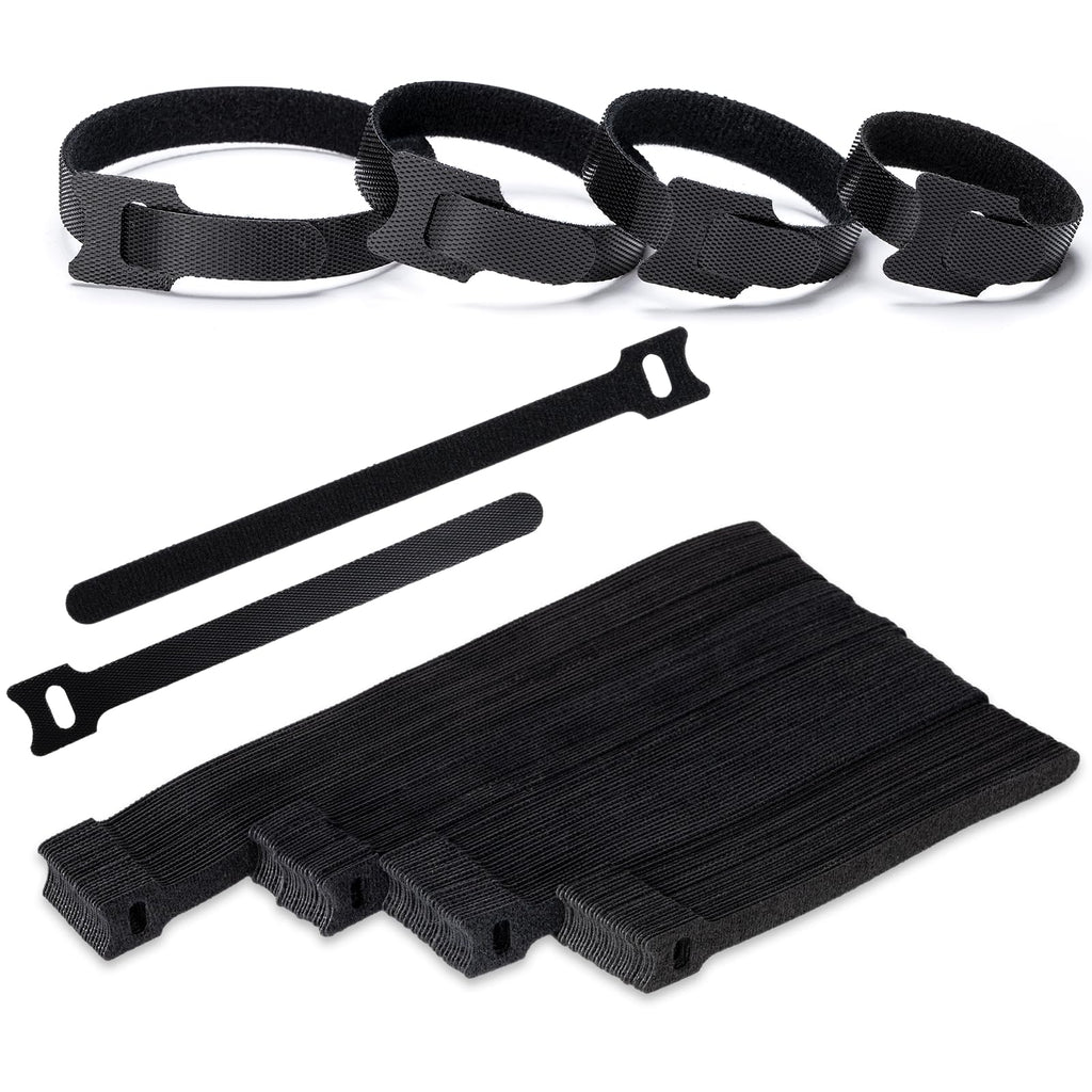 Klettband Kabelbinder Klett Schwarz 100 Stück 150/180/200/250mm, zone Kabel Klettband Wiederverschließbar Klett Kabelbinder Klettverschluss für Home Office Büro und Gartena(4 Größen Schwarz)