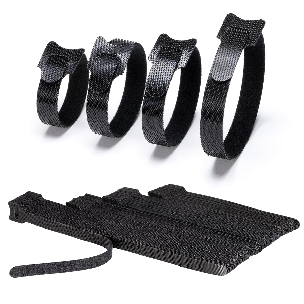 Klettband Kabelbinder Klett Schwarz 100 Stück 150/180/200/250mm, zone Kabel Klettband Wiederverschließbar Klett Kabelbinder Klettverschluss für Home Office Büro und Gartena(4 Größen Schwarz)