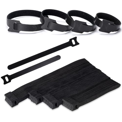 Klettband Kabelbinder Klett Schwarz 100 Stück 150/180/200/250mm, zone Kabel Klettband Wiederverschließbar Klett Kabelbinder Klettverschluss für Home Office Büro und Gartena(4 Größen Schwarz)