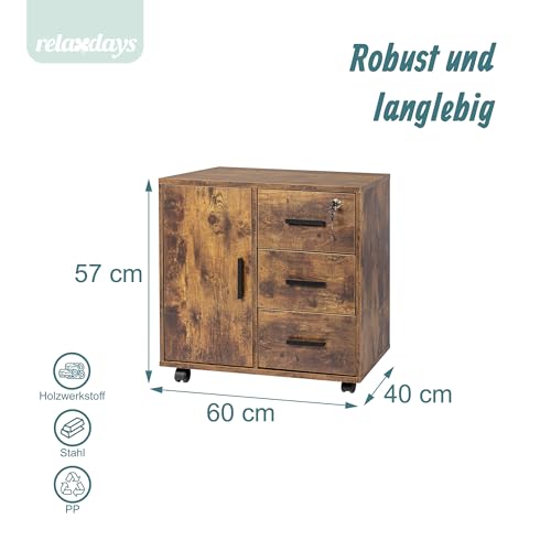 Relaxdays Rollcontainer, 3 Schubladen, 2 Türfächer, HxBxT: 57 x 60 x 40 cm, abschließbar, Aktenrollschrank, Farbwahl