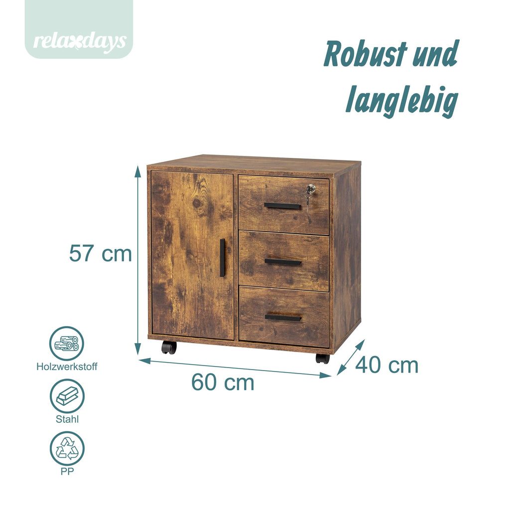 Relaxdays Rollcontainer, 3 Schubladen, 2 Türfächer, HxBxT: 57 x 60 x 40 cm, abschließbar, Aktenrollschrank, Farbwahl