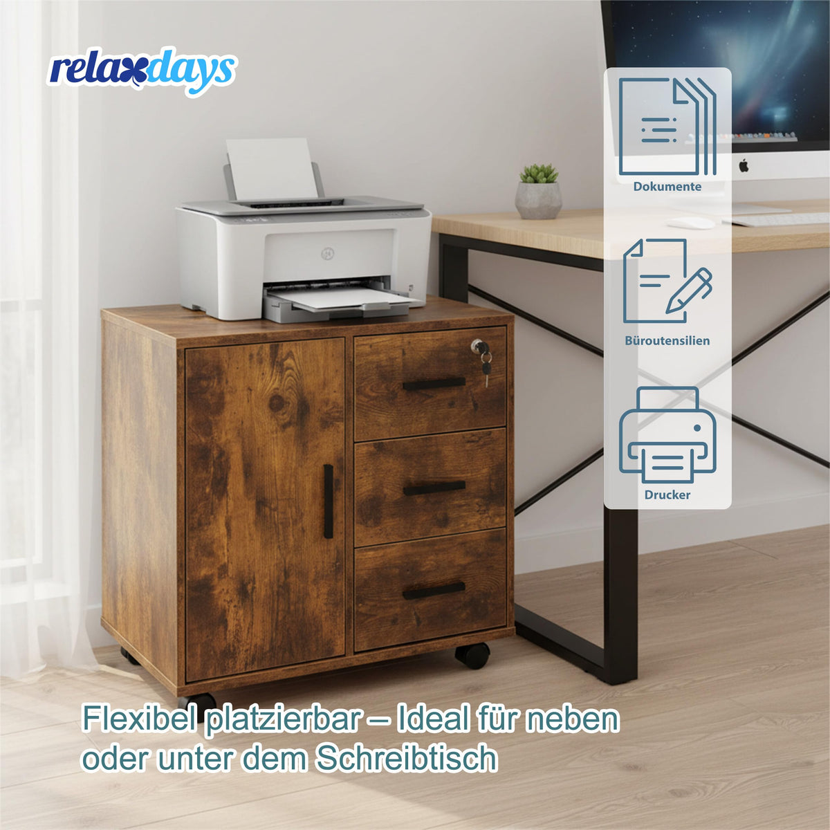 Relaxdays Rollcontainer, 3 Schubladen, 2 Türfächer, HxBxT: 57 x 60 x 40 cm, abschließbar, Aktenrollschrank, Farbwahl