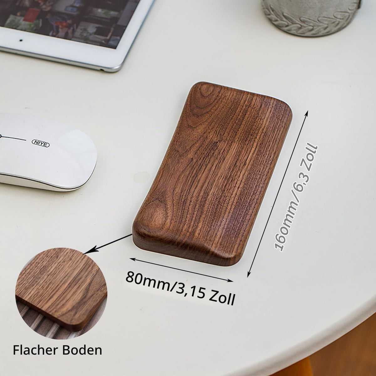 Handballenauflage Maus aus Premium Holz, Rutschfeste und Ergonomische Handgelenkauflage aus Schwarzem Walnussholz, für Büro und Gaming geeignet