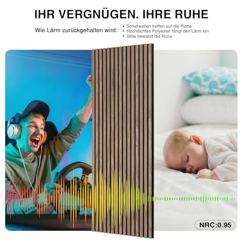 Akustikpaneele Holz 120x60cm-4er Set(2,88m²) 3D Wandpaneele mit Holzfurnier & Filz, Akustik Holzpaneele Wand Für Studio, Wohnzimmer & Büro|Dekorative Wandverkleidung Innen Walnuss#4