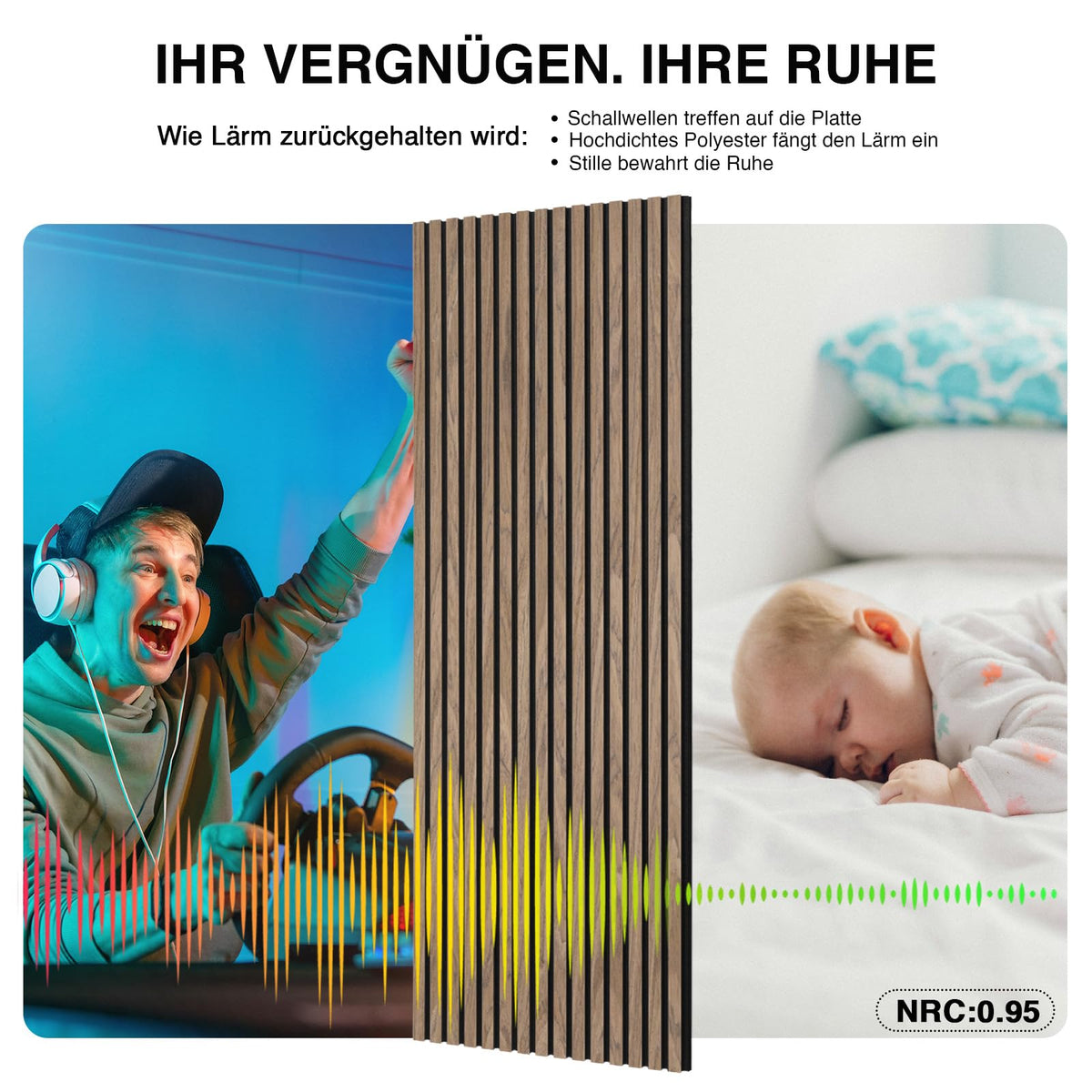 Akustikpaneele Holz 120x60cm-4er Set(2,88m²) 3D Wandpaneele mit Holzfurnier & Filz, Akustik Holzpaneele Wand Für Studio, Wohnzimmer & Büro|Dekorative Wandverkleidung Innen Walnuss#4