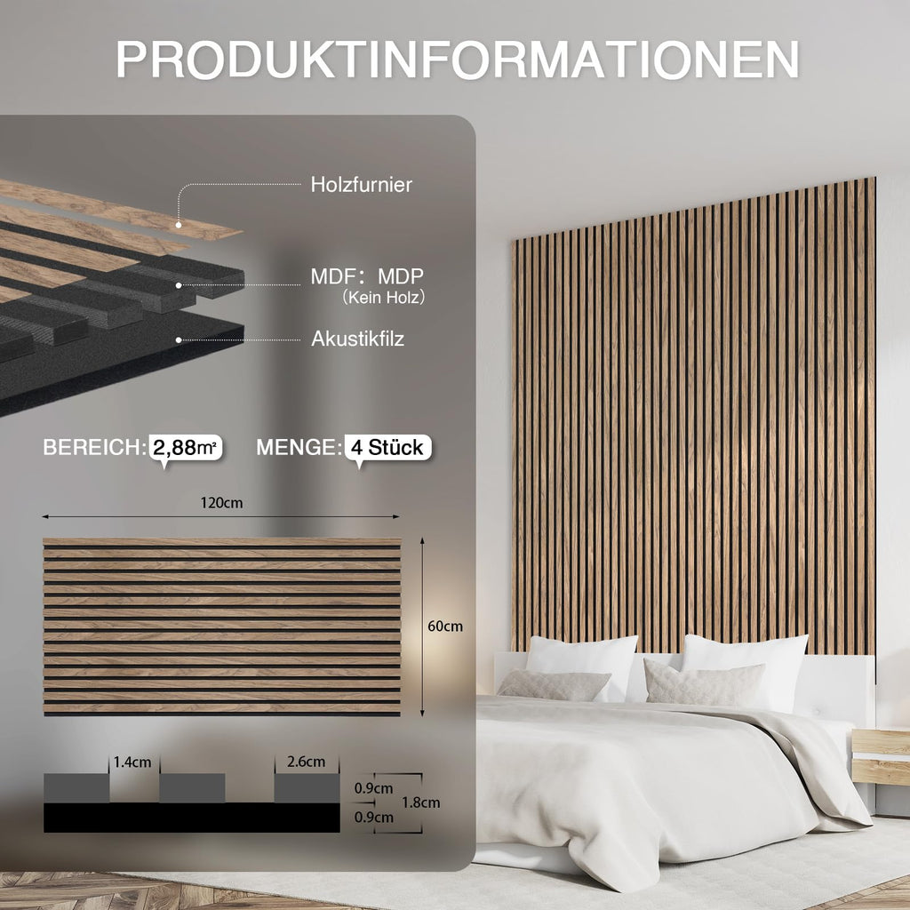 Akustikpaneele Holz 120x60cm-4er Set(2,88m²) 3D Wandpaneele mit Holzfurnier & Filz, Akustik Holzpaneele Wand Für Studio, Wohnzimmer & Büro|Dekorative Wandverkleidung Innen Walnuss#4