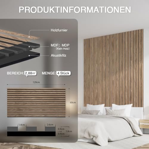 Akustikpaneele Holz 120x60cm-4er Set(2,88m²) 3D Wandpaneele mit Holzfurnier & Filz, Akustik Holzpaneele Wand Für Studio, Wohnzimmer & Büro|Dekorative Wandverkleidung Innen Walnuss#4