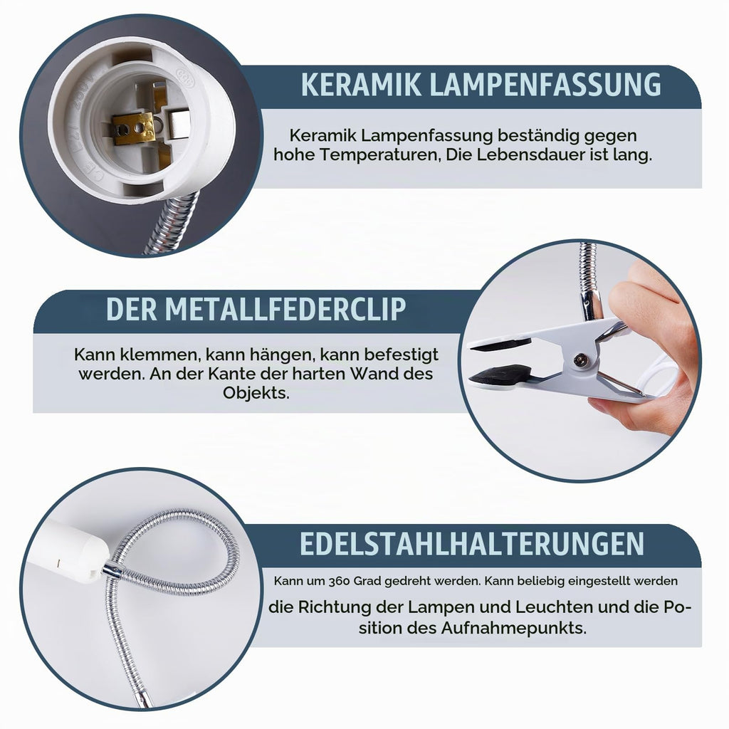 2 Stück Klemmleuchte,LED Lampenfassung E27, Klemmlampe 360° Einstellbar,Klemmlampe mit Flexiblem Schwanenhals und Schalter,LED Leselampe Bett für Lesen Innen Beleuchtung,Klemmleuchte, Weiß