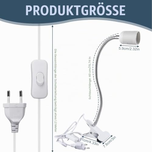 2 Stück Klemmleuchte,LED Lampenfassung E27, Klemmlampe 360° Einstellbar,Klemmlampe mit Flexiblem Schwanenhals und Schalter,LED Leselampe Bett für Lesen Innen Beleuchtung,Klemmleuchte, Weiß