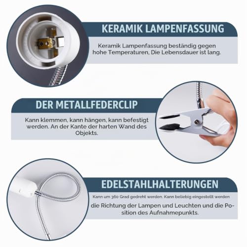 2 Stück Klemmleuchte,LED Lampenfassung E27, Klemmlampe 360° Einstellbar,Klemmlampe mit Flexiblem Schwanenhals und Schalter,LED Leselampe Bett für Lesen Innen Beleuchtung,Klemmleuchte, Weiß